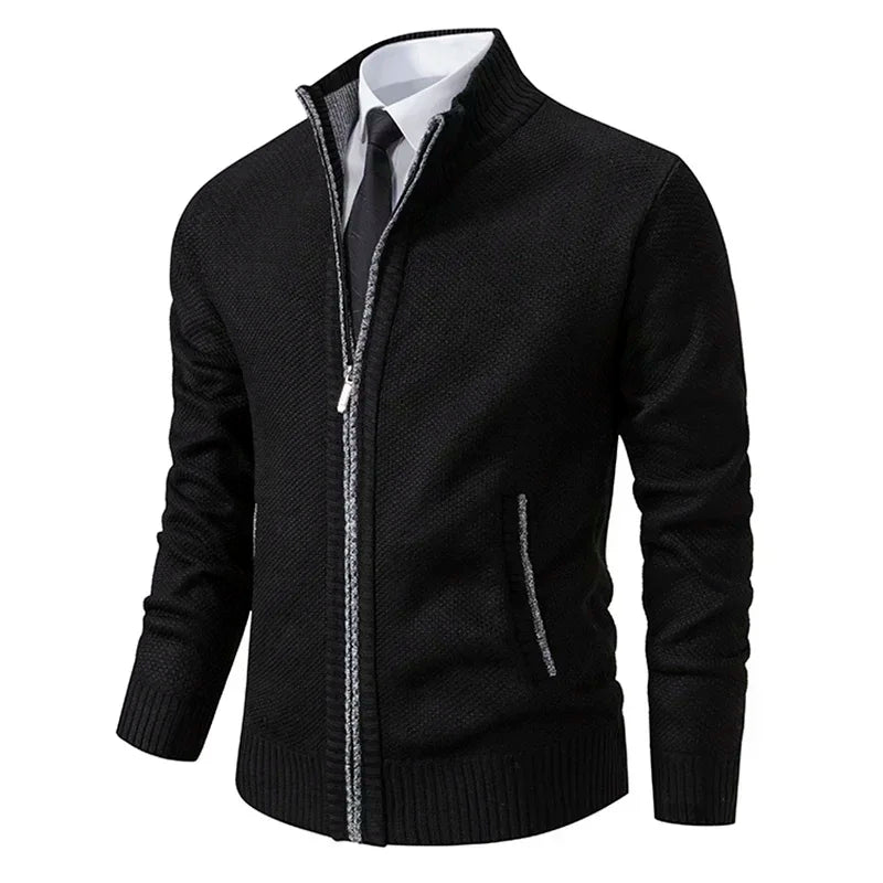 2025 Autumn and Winter New Jersey Men's Casual Sports Coat Solid Color Stand Collar Sweater Grab Fleece Warm Zipper Cardigan