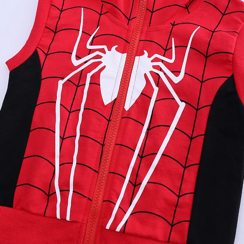 3pcs Cartoon Print Spiderman Cosplay Costume Autumn Kids Boys Sleeveless Hooded Vest +T Shirt+Pant Tracksuit Children Outfits