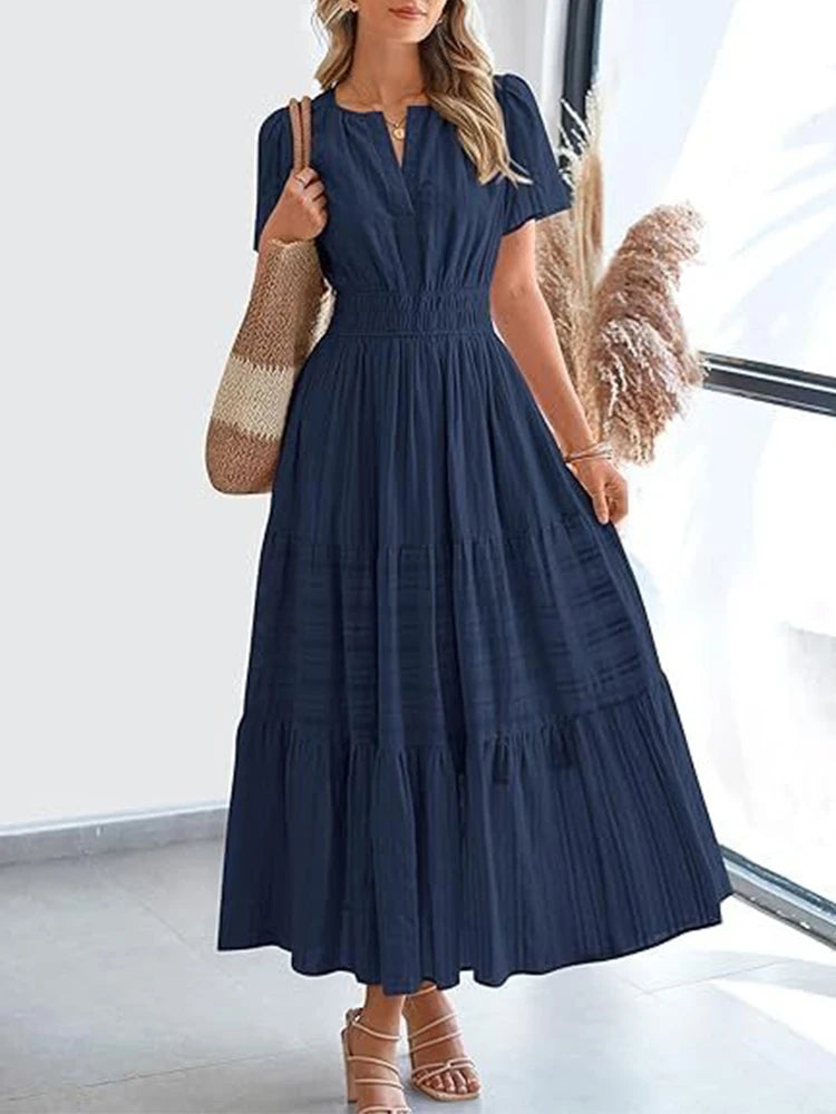 2025 Spring and Summer Cross border European and American Fashion Women's V-neck Folded Bubble Sleeve Layered Big Swing Dress