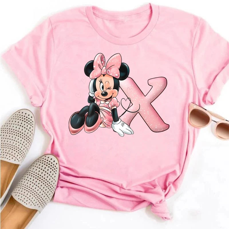 Disney Cartoon Minnie Mouse Letter A B C D E F Print Women Summer T Shirt Harajuku Casual Short Sleeves Pink Female Tshirts