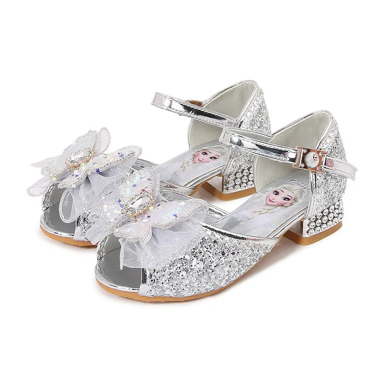 Disney Princess Butterfly Leather Shoes Frozen Elsa Kids Bowknot High Heel Children Girl Glitter Shoes Fashion Girls Party Shoe