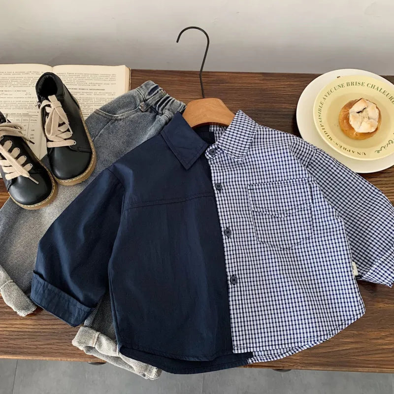 2025 Autumn Winter Cotton Boys Shirt Children Kid Long Sleeve SweatShirt Baby Turn-down Collar Patchwork 3-10 Years Toddler