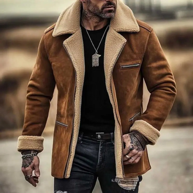 2025 Men's Vintage Suede Shearling Coat, Fleece Lined Mid-Length Jacket with Zipper Pockets, Reverse Collar, and Warm Wool Fur