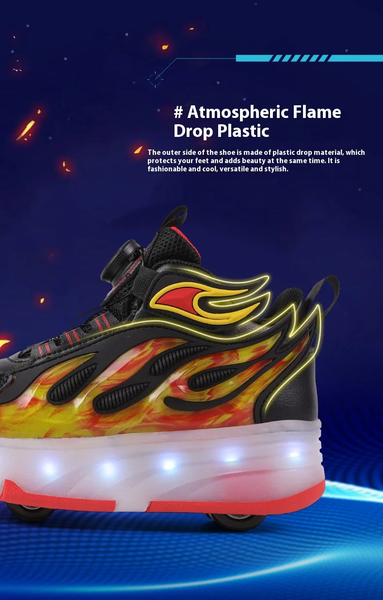 2025 New children's four-wheel novice light up rotary button automatic shrinkage fast walking shoes for boys sneakers