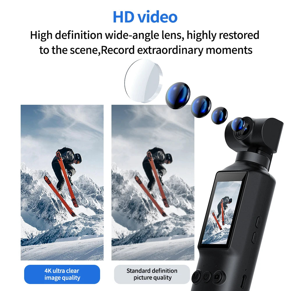 Portable 4K/2K video camera, rotatable lens charging action camera, travel and party recorder, outdoor sports Vlog camera