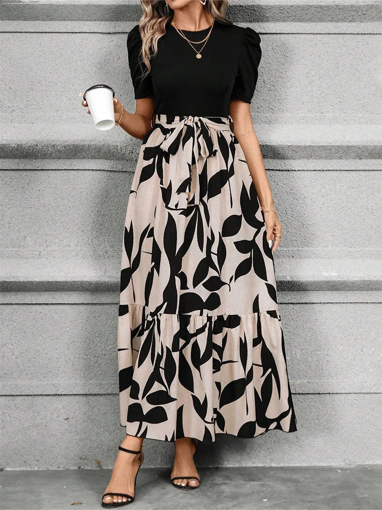 Elegant Floral Print Round Neck Long Dresses Women Short Sleeve High Waist Lace-up Office Lady Holiday Party Dresses Vestidos