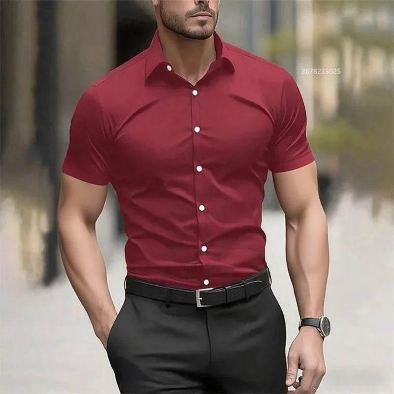 Solid color men's shirt casual shirt, high quality solid color short sleeve stretch fabric, business formal shirt, XS-6XL size