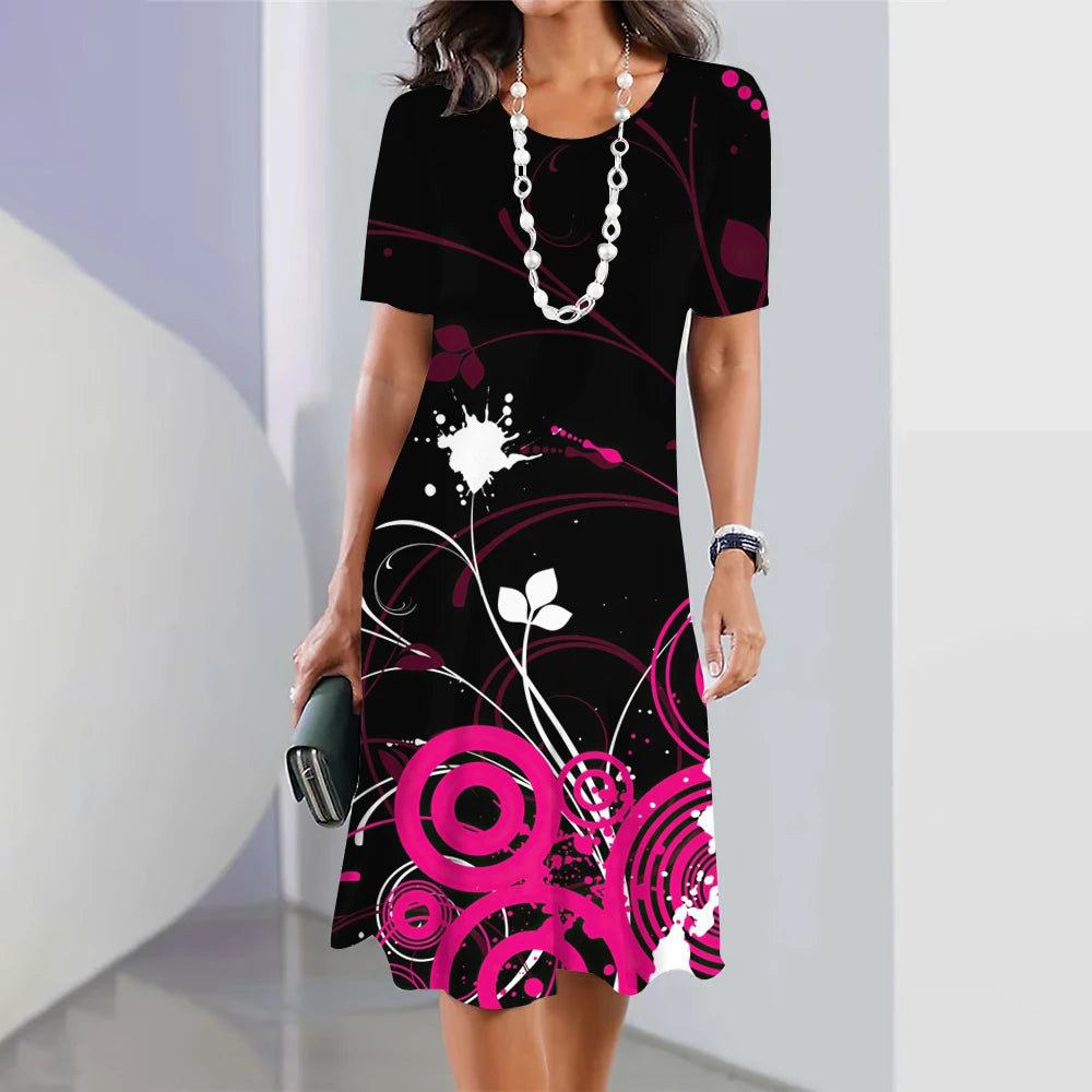 Summer Women'S Dresses 3d Art Flowers Printed Short Sleeve Clothing Elegant Loose A-Line Skirt Fashion Lady Large Size Dress