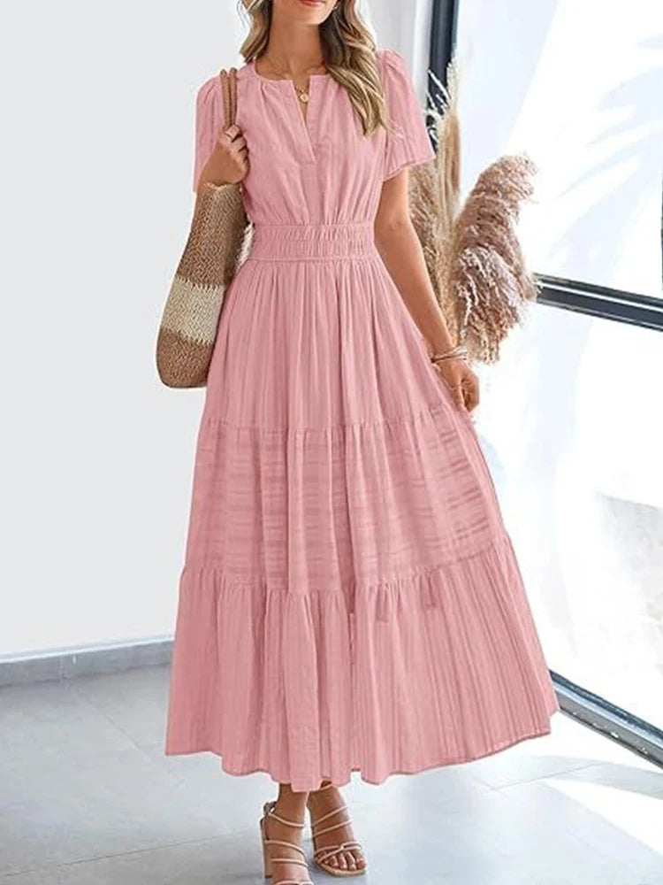 2025 Spring and Summer Cross border European and American Fashion Women's V-neck Folded Bubble Sleeve Layered Big Swing Dress