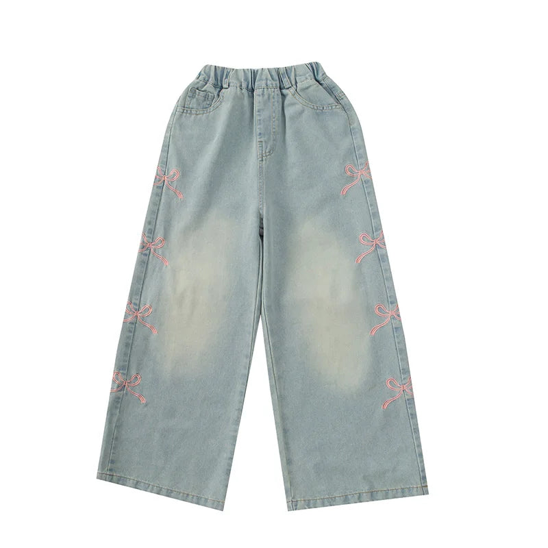 Autumn Kids Child Straight Jeans with Bows on The Side for Teens Girls Fashion Loose Fit Denim Pants Child Casual Jeans Trousers