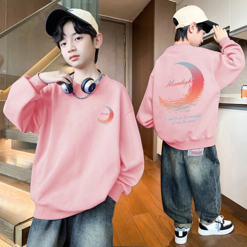 3-14 Years Boys Girls Sweatshirt Pullover Autumn Moon Graffiti Printed Long Sleeves T-Shirt Tops Korean Casual Kids Clothes 2025