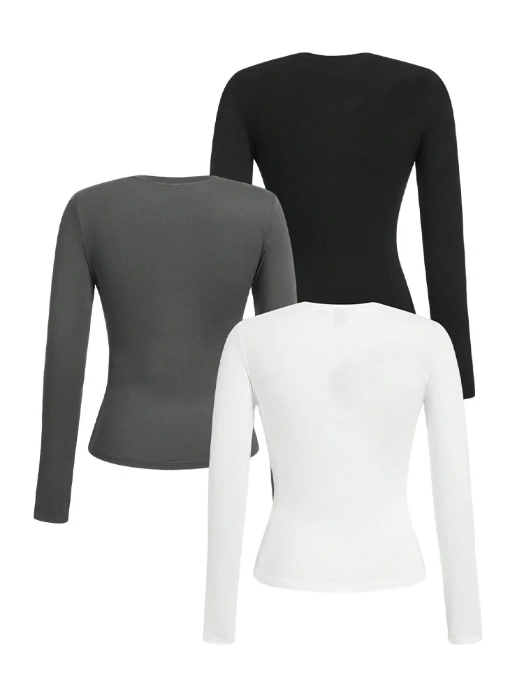 Women's solid-color long-sleeved T-shirt - Polyester knitted fabric, round neck, regular fit, fall-winter style