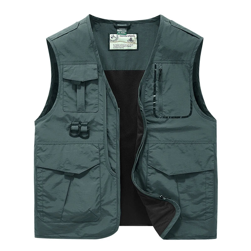 2024 Men Spring Sleeveless Many Pocket Stand Collar Vest Jackets Men Solid Color Outdoors Fishing Cargo Casual Vest Jackets Male