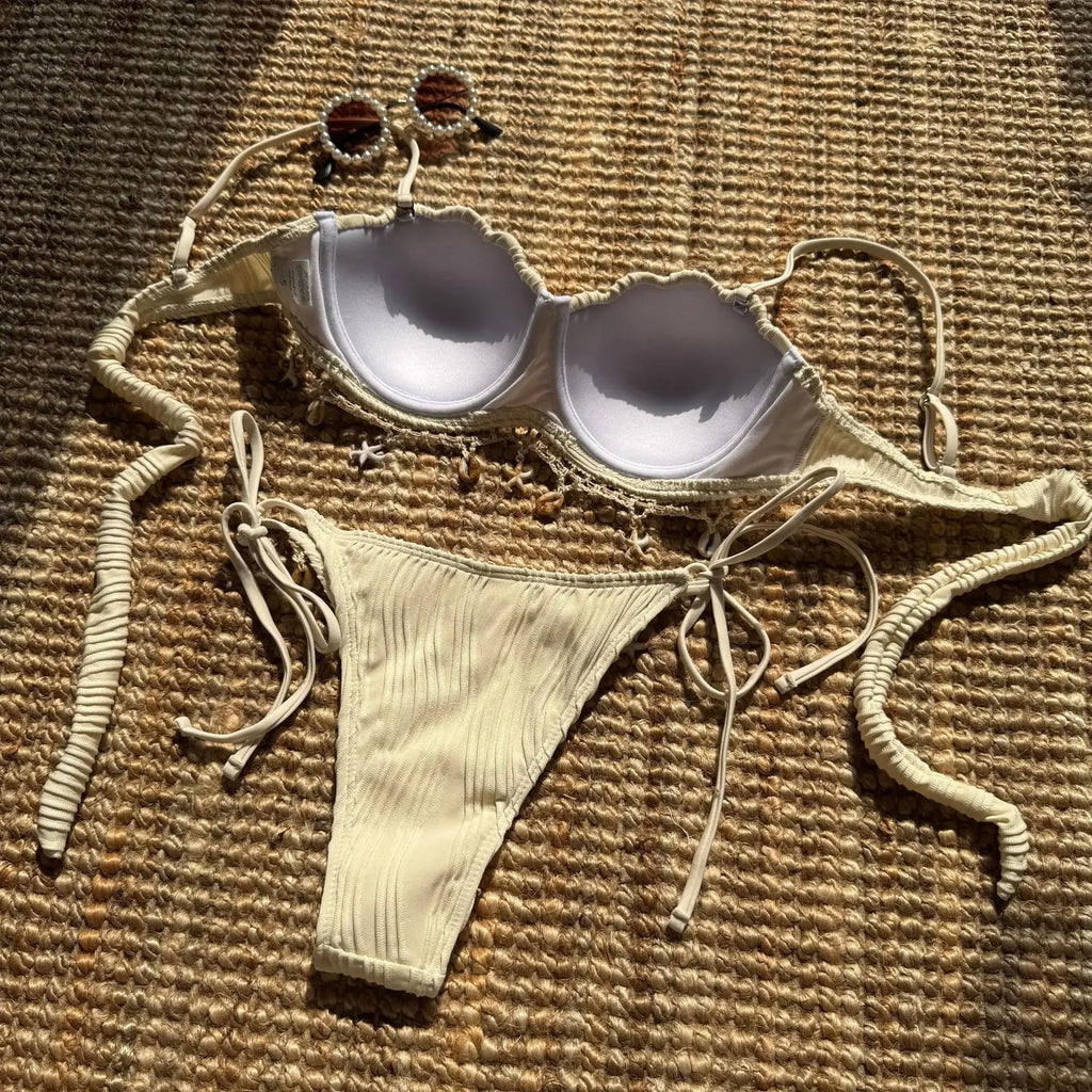 Shell Scalloped Wrinkled Underwired Bra Cup Bikini Female Swimsuit Women Swimwear Two-pieces Bikini Set Push Up Bathing Suit