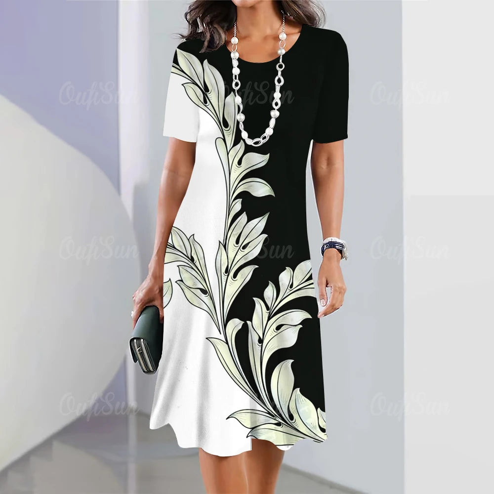 Summer Women'S Dresses 3d Art Flowers Printed Short Sleeve Clothing Elegant Loose A-Line Skirt Fashion Lady Large Size Dress