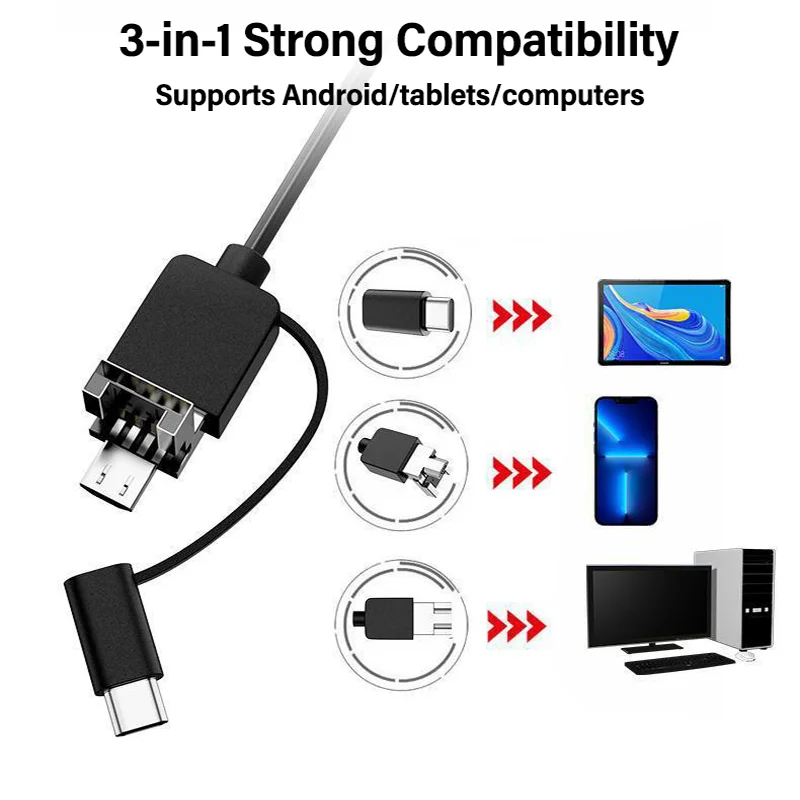 3 In 1 Automotive Boroscope Camera 1080p HD 8mm Industrial Inspection Endoscope Camera Pipeline Car Engine Probe For OTG Android