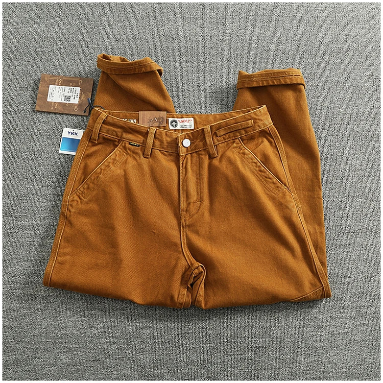 Retro heavy simple cargo pants men's loose straight leg casual pants pure cotton twill woven 3D vertical cut cone pants