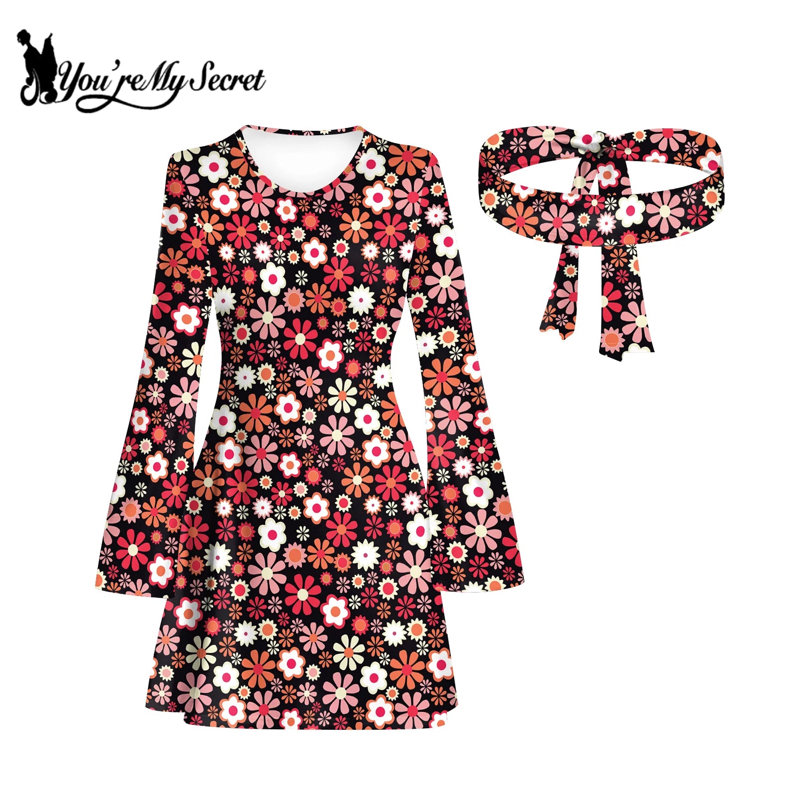 [You're My Secret] 60s 70s Women's Bohemian Style Disco Floral Printed Outfit Dresses Holiday Hippie Costume Clothes Vestidos