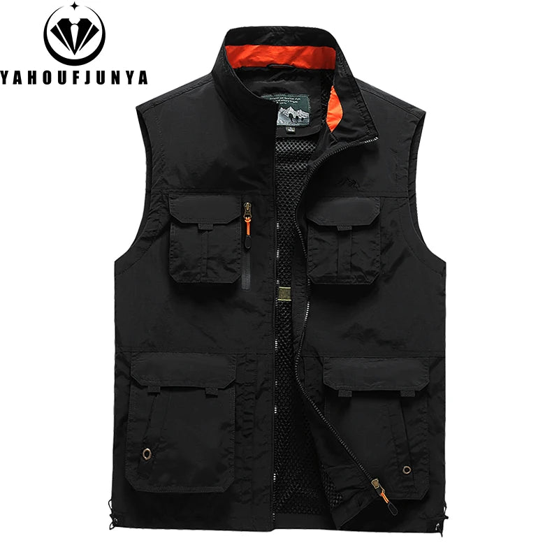 2024 Men Spring Summer Many Pocket Casual Stand Collar Vest Men Sleeveless Solid Color Outdoors Fashion Style Vest Male Coat 6XL