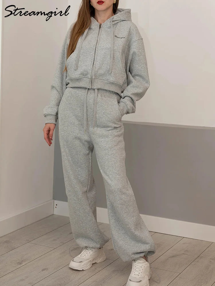 Winter Fleece Pants Set Women Brown Tracksuit Two Pieces Long Sweatpants Zipper Sweatshirts 2 Piece Gray Sweatsuit For Women Set
