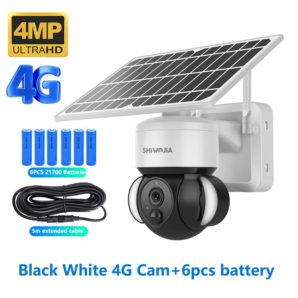 SHIWOJIA 4MP WIFI Solar Camera 4G Sim Card PIR Human Detection Solar Battery Security Camera CCTV Video Surveillance Outdoor Cam