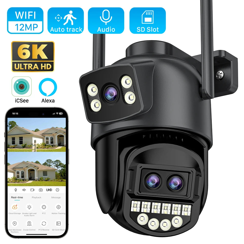 12MP 6K HD WiFi IP Camera Outdoor 8X Zoom Three Lens Dual Screen PTZ Camera Auto Tracking 6MP Security CCTV Surveillance Camera