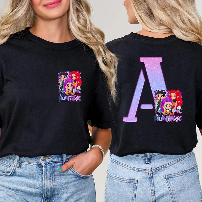 Fashion A-Z 26 Letter T-Shirts Kpop Demon Hunters Graphic Aesthetic Clothing Women T-Shirt Harajuku Female Clothing Y2k Tops