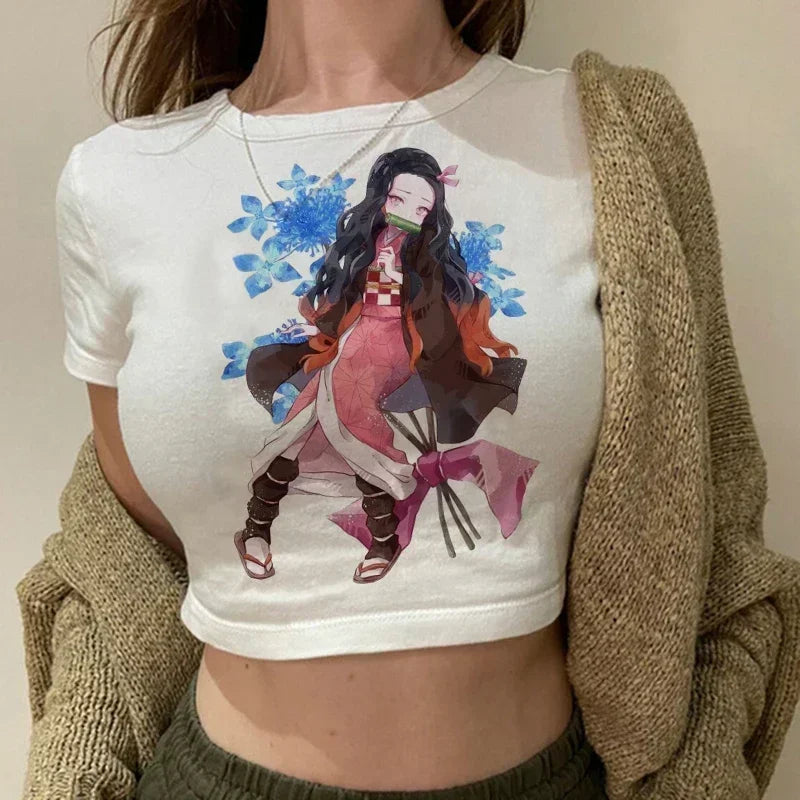 90s Manga Kimetsu No Yaiba Crop Top Demon Slayer T Shirt Women Y2k Nezuko Japanese Anime Tshirt Tanjirou Kamado Cropped Female