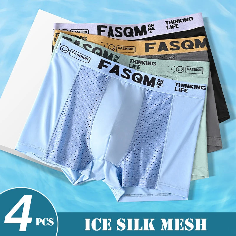 4pcs Mesh Ice Silk Boxer Shorts Men's Underwear FASQM Underpants Breathable Sexy Slim Panties Bamboo Lingerie Plus Size L-6XL