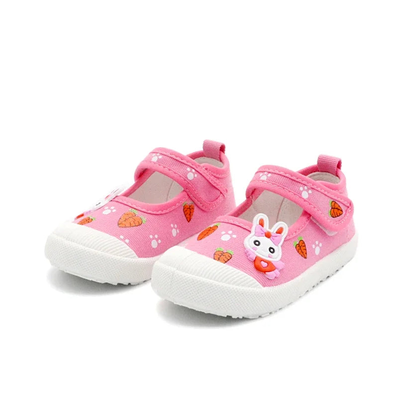JGSHOWKITO Girls Canvas Shoes Soft Sports Shoes Kids Running Sneakers Candy  With Cartoon Rabbit Carrots Prints Children