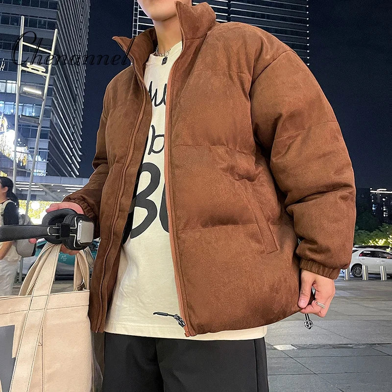 Men's Winter Loose Plus-sized Simple Stand-up Collar Cotton-padded Jacket Warm Thick Trendy Versatile Bottoms