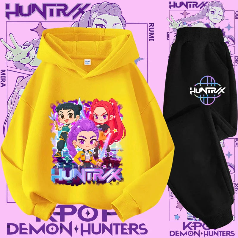 K-pop Demon Hunter New Children's Hoodie Set - Cute Girls' Casual Top for Kids,Boys' Sports Shirt with Cartoon Print-2-Piece Set