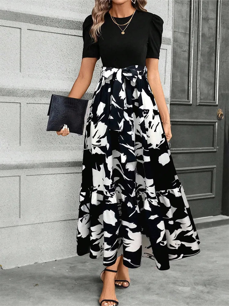 Elegant Floral Print Round Neck Long Dresses Women Short Sleeve High Waist Lace-up Office Lady Holiday Party Dresses Vestidos