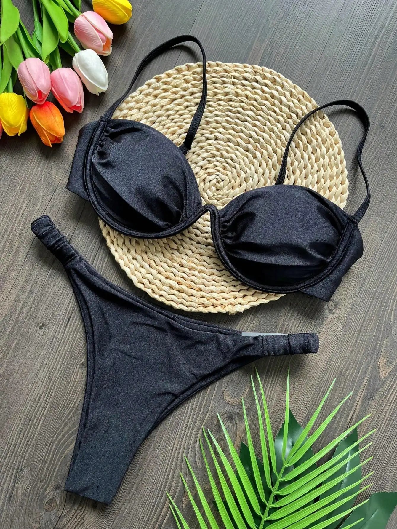 Sexy 3D Flower Bikini Set 2025 Women Black White V Wire Underwired Micro Mini Swimsuit Beach Bathing Suit Pleate Thong Swimwear