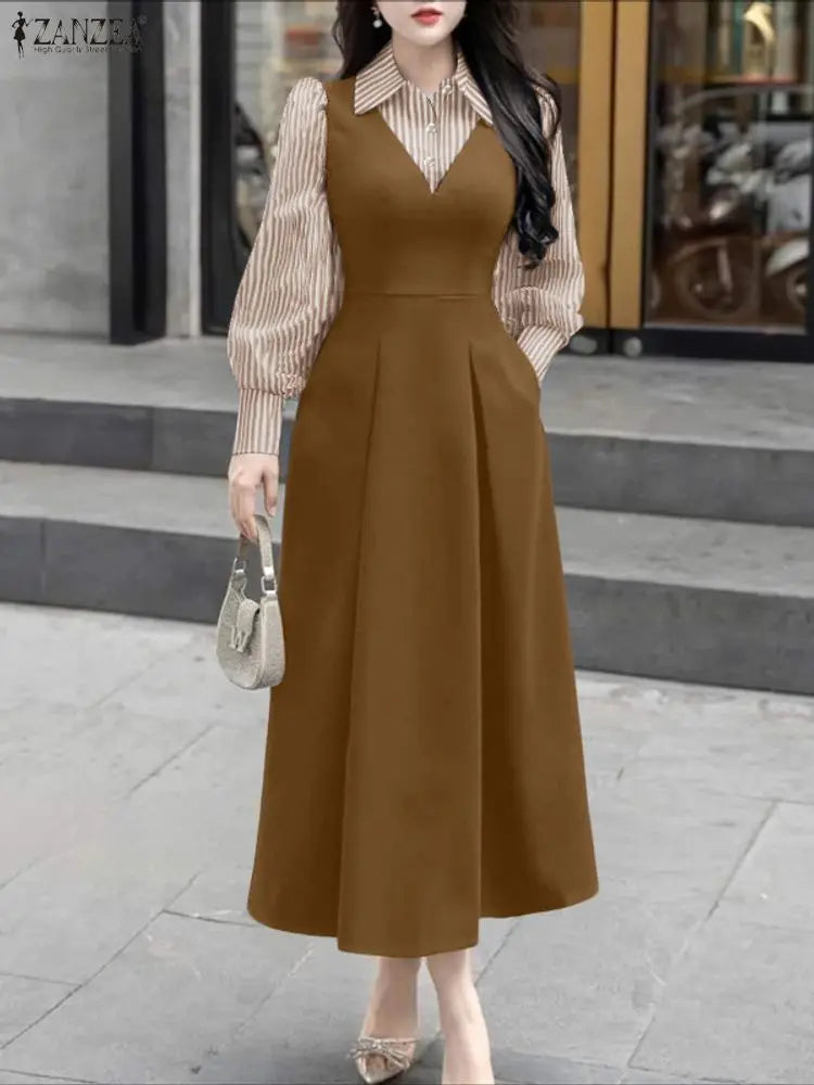 ZANZEA Women Long Shirt Dresses Autumn Long Sleeve Striped Fake 2 Piece Shirts Maxi Robe Fashion Elegant Office Party Vestidos