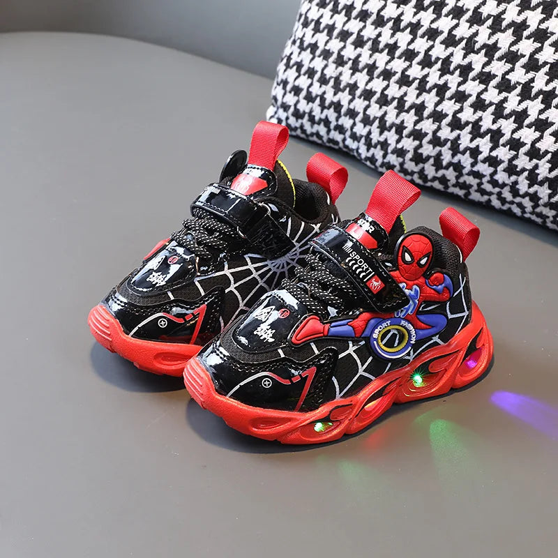 Boys Glowing Light Up Shoes Kids Leather Spider-Man Single Sneakers Kids LED Luminous Children's Shoes Kids Shiny Light Sneakers