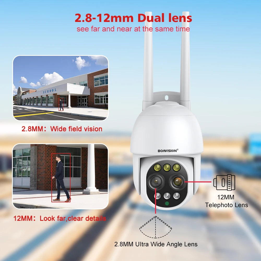 BOAVISION HD 8MP WIFI Camera PTZ Dual Lens 8X Digital Zoom Outdoor 4K AI humanoid Auto Tracking Zoom Audio iCSee Security Camera