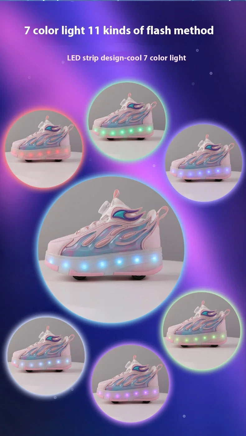 2025 New children's four-wheel novice light up rotary button automatic shrinkage fast walking shoes for boys sneakers