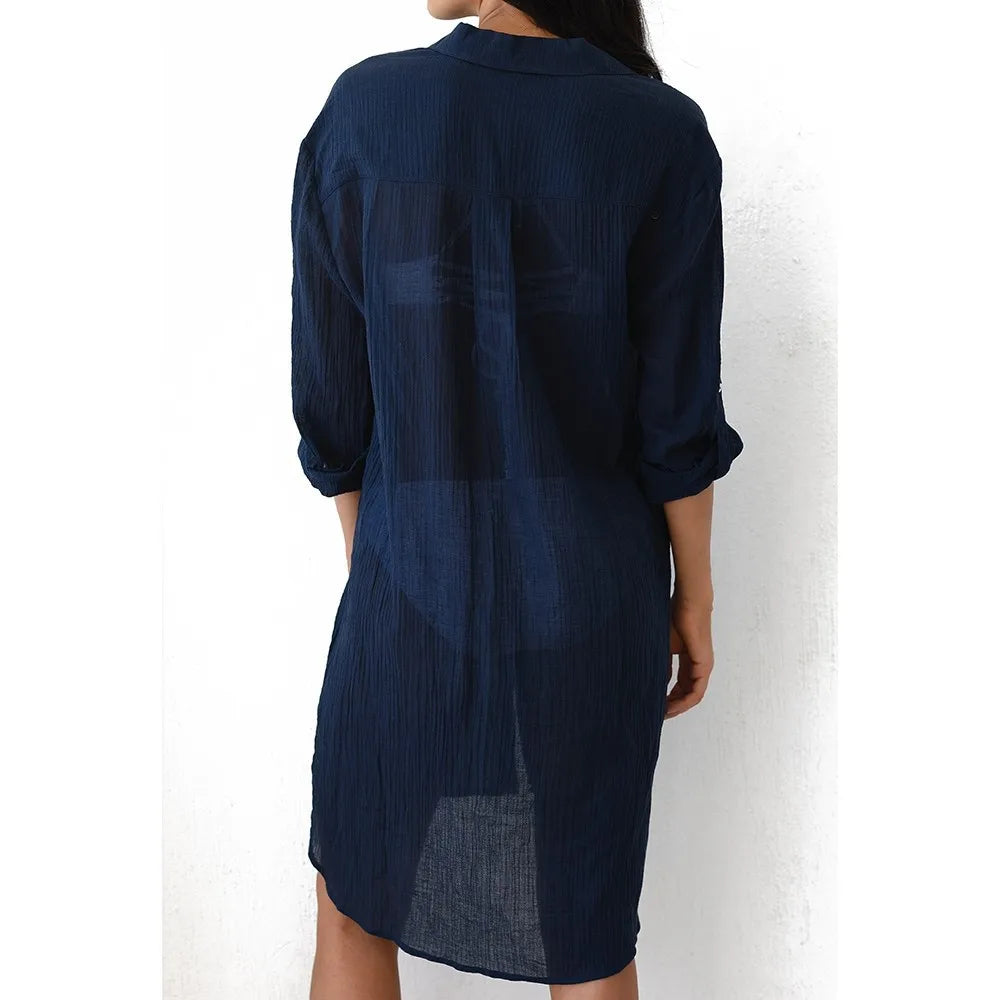 Blouse Top Tunics Chiffon Cardigan Long Sleeve Loose Beach Wear Cover Up Swimwear Women Dress Shirt Купальники Женские 2022