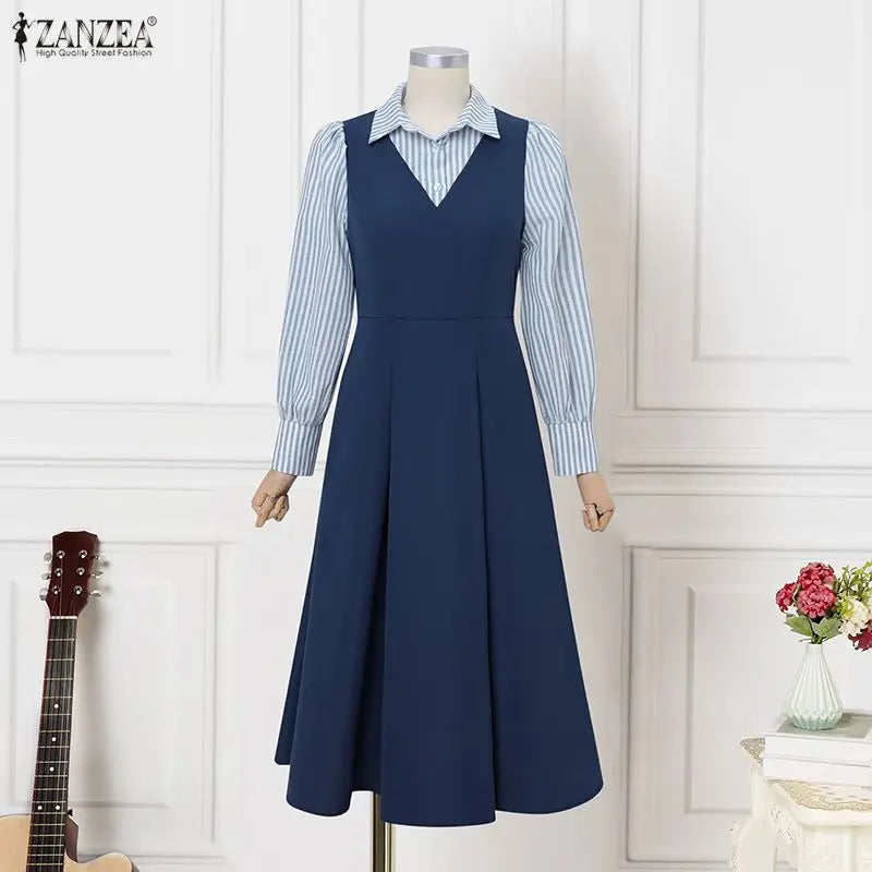 ZANZEA Women Long Shirt Dresses Autumn Long Sleeve Striped Fake 2 Piece Shirts Maxi Robe Fashion Elegant Office Party Vestidos