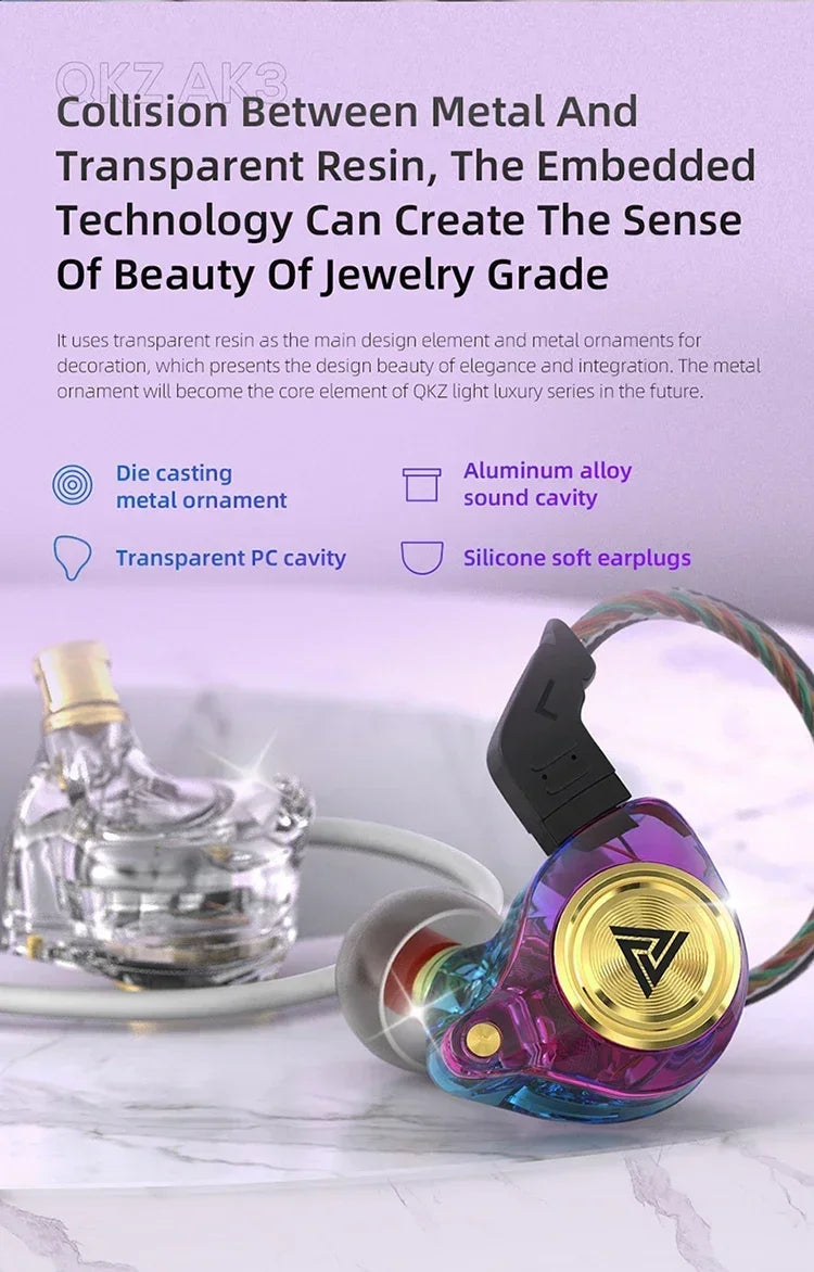 QKZ AK3 FiLe Wired Earphone Microphone HiFi Music Monitor Bass Headphones Noise Cancelling Headset for Sport  Gaming Accessories