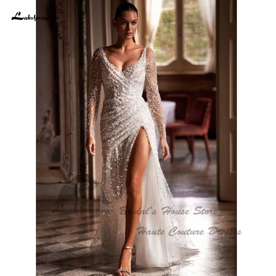 Lakshmigown Luxury Beading Mermaid Wedding Gowns High Split 2024 Brautkleid Customized Beach Bridal Dress Long Sleeves
