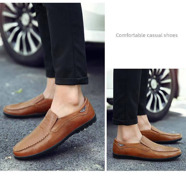 CLOHOO Men's Handmade Casual Loafers Anti-Slip Comfortable Slip-On Driving Comfortable Leather Shoes