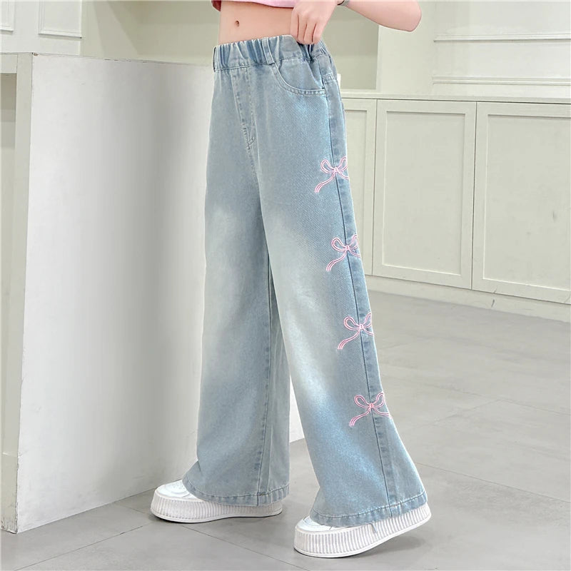 Autumn Kids Child Straight Jeans with Bows on The Side for Teens Girls Fashion Loose Fit Denim Pants Child Casual Jeans Trousers
