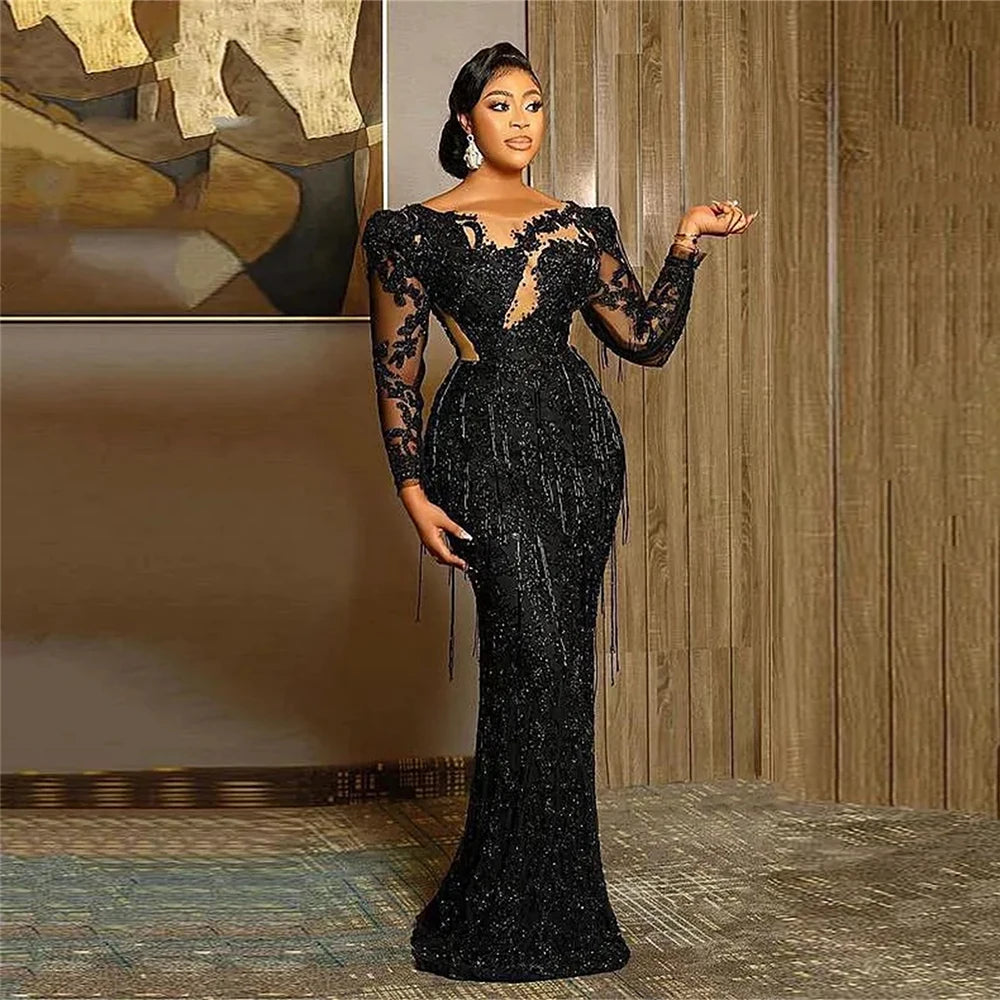 Customized Mermaid Sexy Black Evening Dresses Jewel Neck Lace Appliques Crystal Beaded Party Dress Long Sleeves Prom Gowns