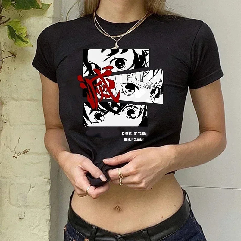 90s Manga Kimetsu No Yaiba Crop Top Demon Slayer T Shirt Women Y2k Nezuko Japanese Anime Tshirt Tanjirou Kamado Cropped Female