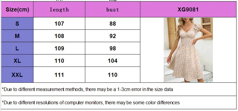 Vintage floral dress with fluffy cuffs and pleated waist cinching, suitable for women's summer beach wear and summer parties