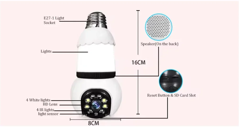 8MP E27 Bulb Lamp Camera LED Bulb WiFi Smart IP Surveilance Cam Two-way Audio Color Night Vision 10X Zoom Wireless Cam 2 in 1