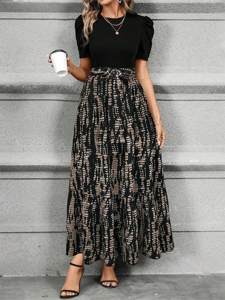 Elegant Floral Print Round Neck Long Dresses Women Short Sleeve High Waist Lace-up Office Lady Holiday Party Dresses Vestidos