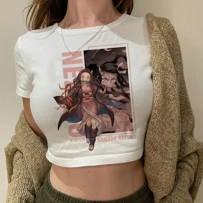 90s Manga Kimetsu No Yaiba Crop Top Demon Slayer T Shirt Women Y2k Nezuko Japanese Anime Tshirt Tanjirou Kamado Cropped Female